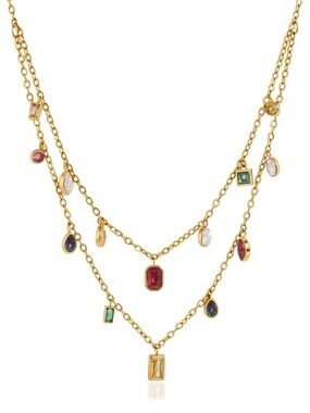18K Gold Plated Multicolor Cubic Zirconia Layered Charm Necklace